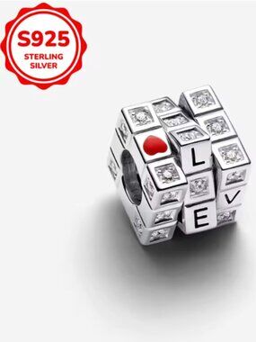 S925 Sterling Silver LOVE Cube Heart Crystal Charm Bead Bracelet Necklace Jewelr